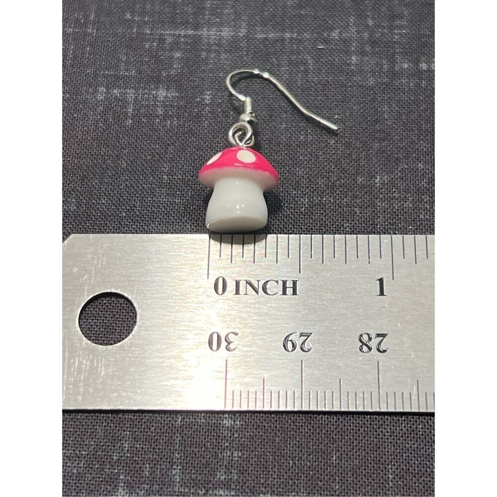 Bright Pink Mushroom Inspired Silver Colored Fish Hook Stud Earring - Picture 3 of 3